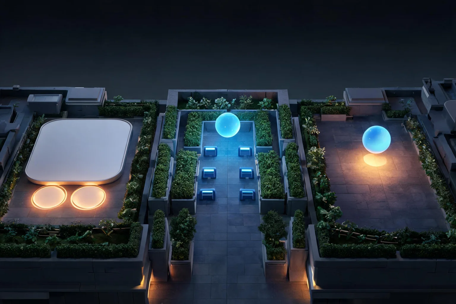 Unreal Mobile Game Maker concept art showing an original stylized rooftop garden arena with short lanes, central objective, readable hazards, compact camera distance, and restrained materials