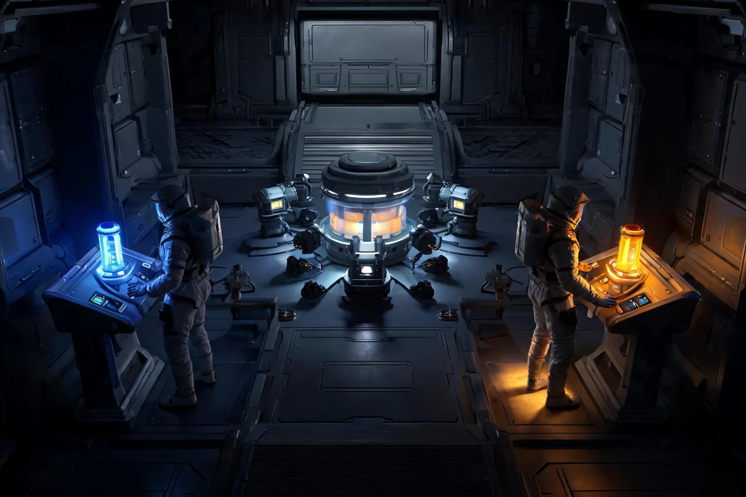 Unreal Multiplayer Co-op Game Maker concept art showing an original two-player sci-fi relay station with split routes, a central defense platform, paired consoles, and a shared extraction lift