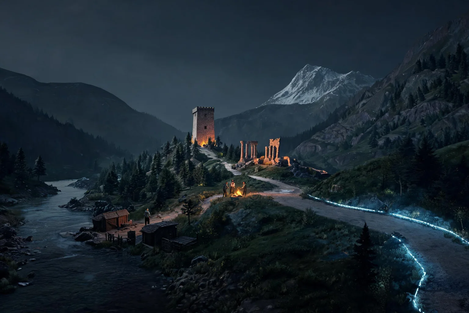 Unreal Open-World Game Maker concept art showing a broad original alpine valley containing a river settlement, forest pass, watchtower, ruins, and a distant snow peak