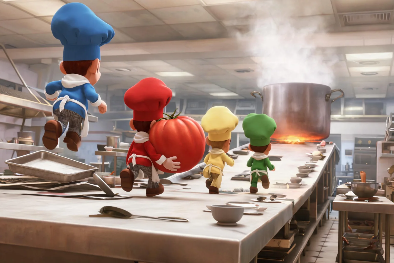 Unreal Party Game Maker concept art showing an original oversized floating kitchen arena with tilting counters, moving serving trays, ingredient stations, sink hazard, four colored original toy chefs, and finish pot