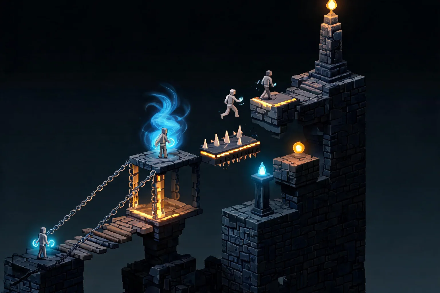 Unreal Platformer Game Maker concept art showing an original sunlit sky ruin with stone platforms, hanging bridges, moving lifts, wind streams, and a distant summit beacon