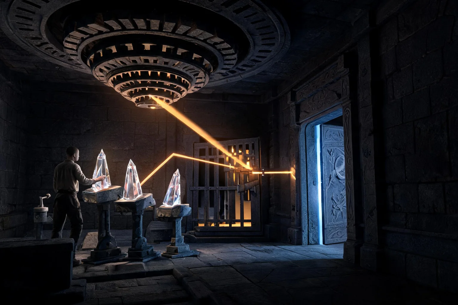 Unreal Puzzle Game Maker concept art showing an original ancient observatory chamber with rotating rings, light beams, movable crystal prisms, and a sealed celestial door