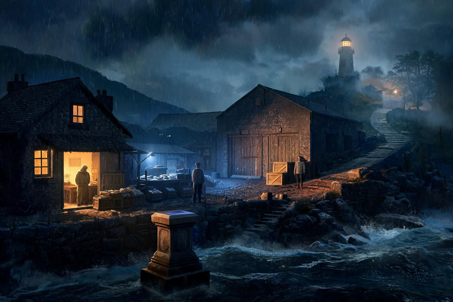 Unreal Quest and Dialogue Game Maker concept art showing an original stormy harbor village with a keeper office, warehouse, market witness, lighthouse path, and visibly changed end-state