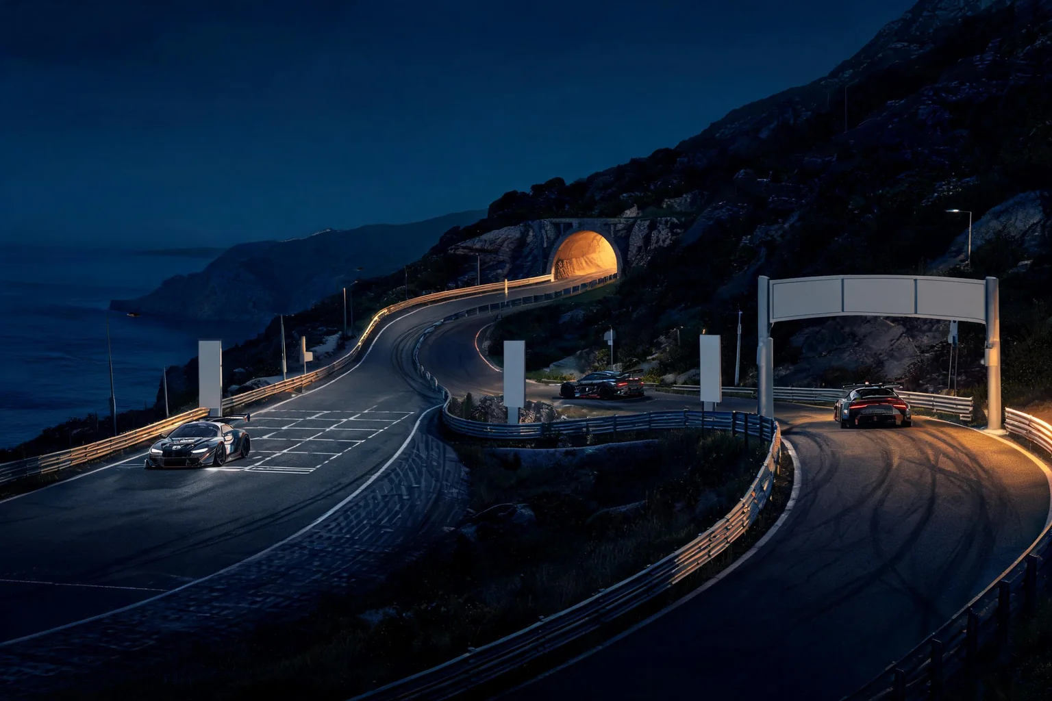 Unreal Racing Game Maker concept art showing an original coastal mountain circuit with hairpins, a tunnel, elevation change, guardrails, and a clearly visible finish gantry