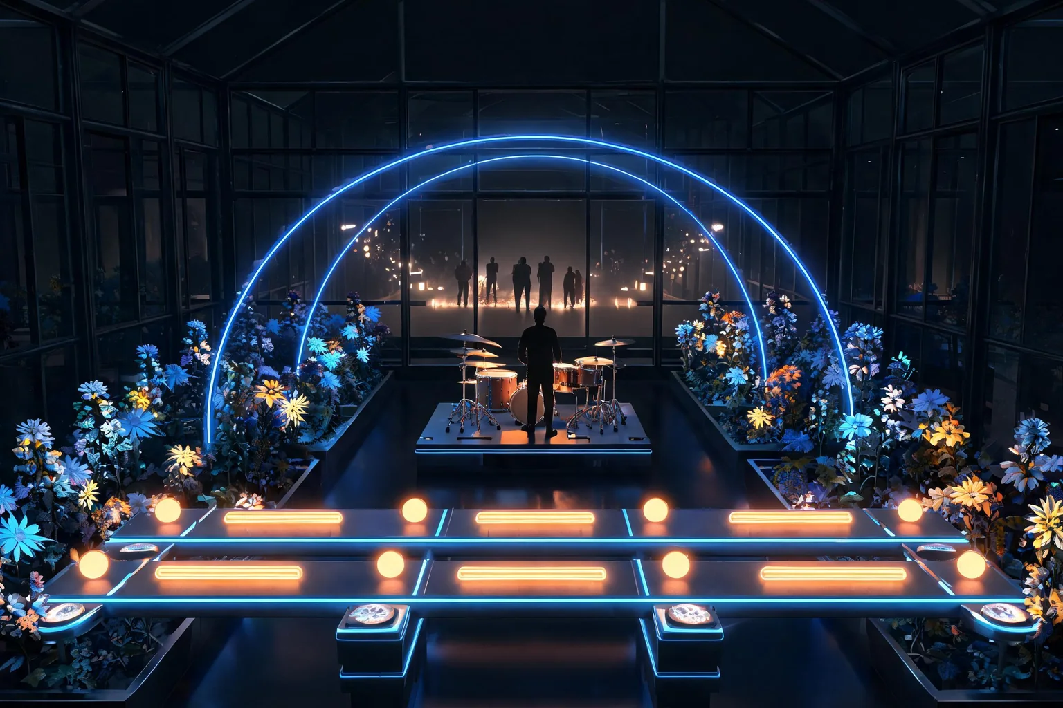 Unreal Rhythm Game Maker concept art showing an original neon greenhouse performance space with a percussion platform, reactive flowers, three physical beat lanes, light arches, and a distant audience silhouette