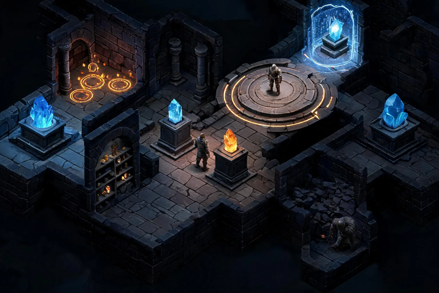 Unreal Roguelike Game Maker concept art showing an original subterranean archive with modular chambers, branching doors, ritual hazards, an elite arena, and a protected extraction room