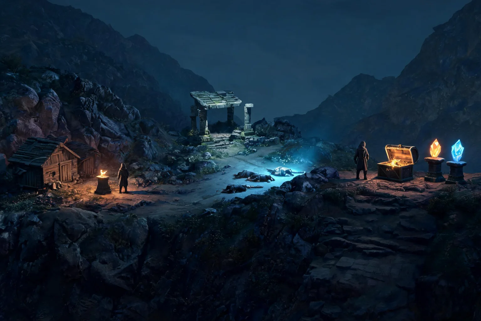 Unreal RPG Game Maker concept art showing a weathered mountain settlement connected to a ruined shrine and a short combat trail