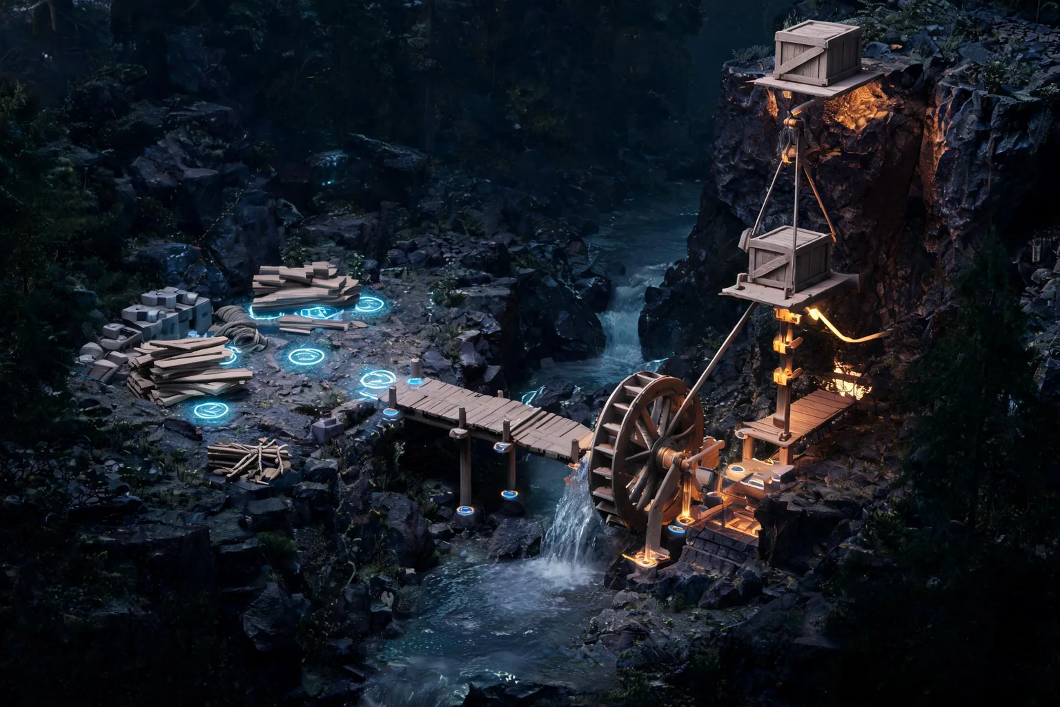 Unreal Sandbox Game Maker concept art showing an original forest ravine workshop with loose materials, build sockets, shallow stream, water wheel, cargo lift, upper platform, and open experimentation area