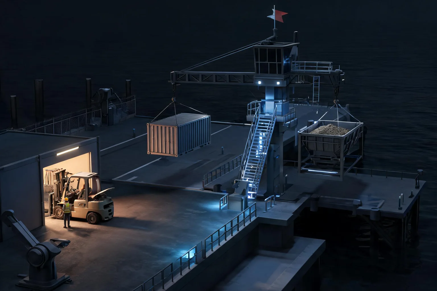 Unreal Simulation Game Maker concept art showing an original coastal logistics yard with a working crane, cargo deck, service bay, wind indicators, and protected operator route
