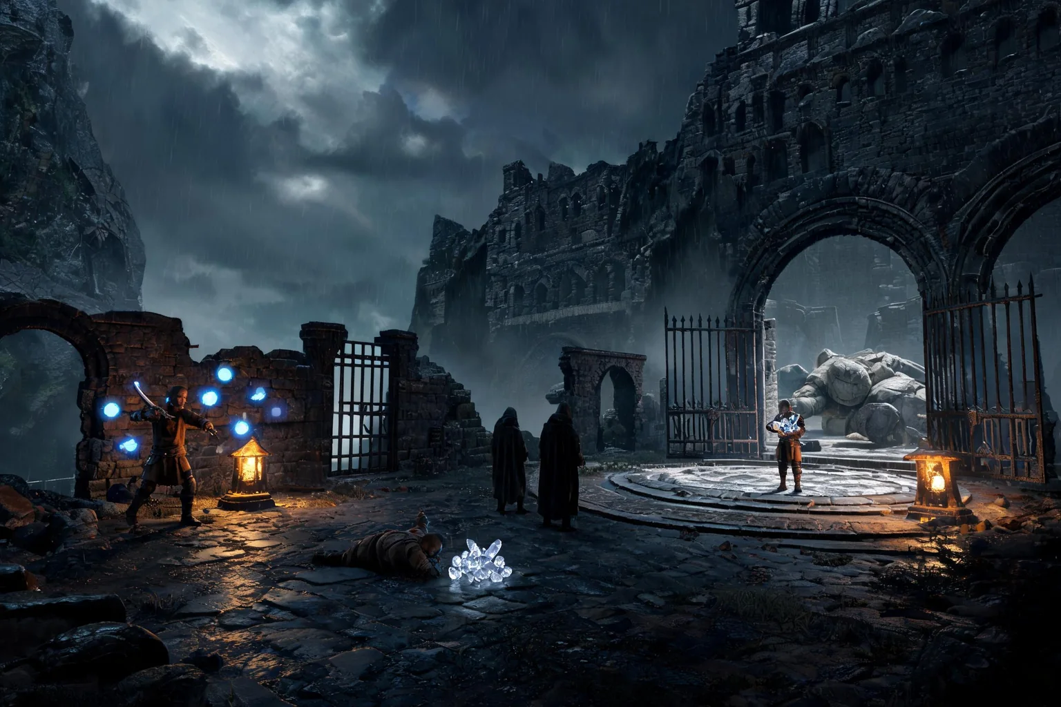 Unreal Soulslike Game Maker concept art showing an original storm-battered monastery with cliff path, ruined cloister, recovery marker, shrine, locked shortcut, and circular guardian sanctuary
