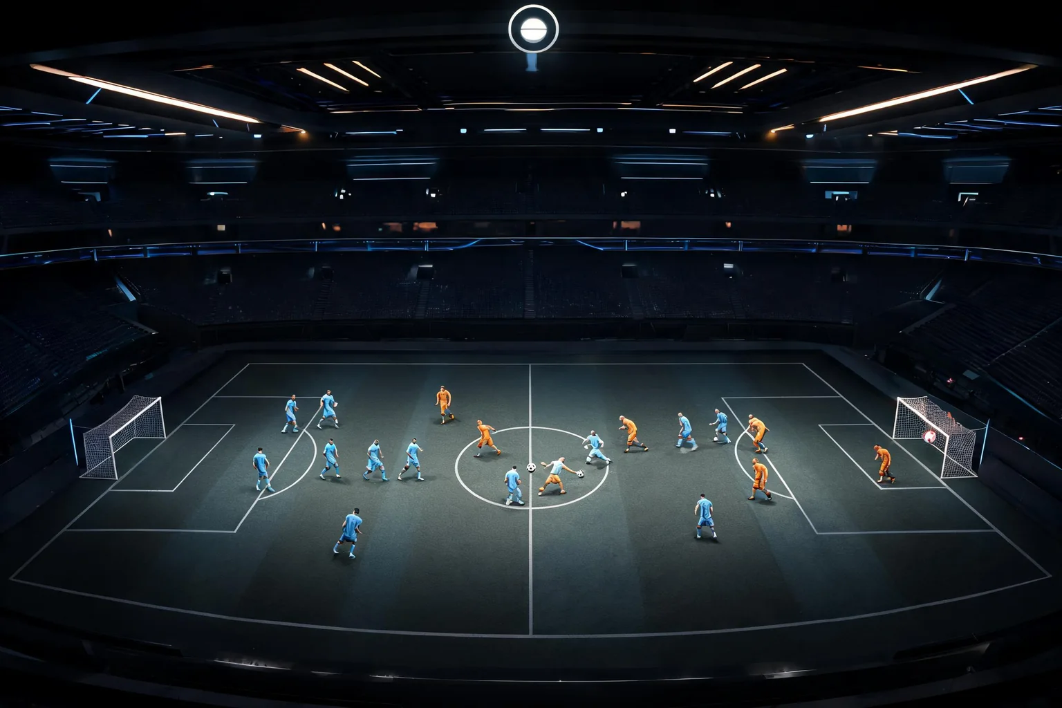 Unreal Sports Game Maker concept art showing an original compact futuristic indoor arena with clear field markings, two small teams, goals at each end, sideline space, and readable spectator lighting
