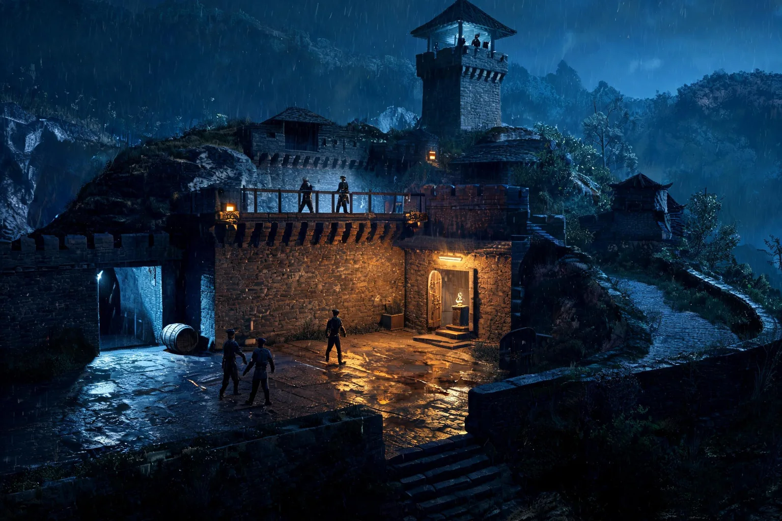 Unreal Stealth Game Maker concept art showing an original rain-soaked hill fortress with a lit courtyard, service tunnel, watchtower, patrol balcony, locked archive, and shadowed extraction path