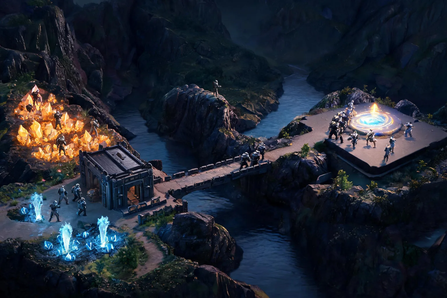 Unreal Strategy and RTS Game Maker concept art showing an original frontier valley with a compact base, two resource fields, a river crossing, elevated scout ridge, and contested command point