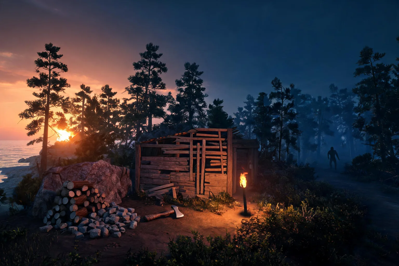 Unreal Survival Game Maker concept art showing a cold coastal forest with a damaged cabin, a visible resource ridge, changing weather, and a threat path after dark