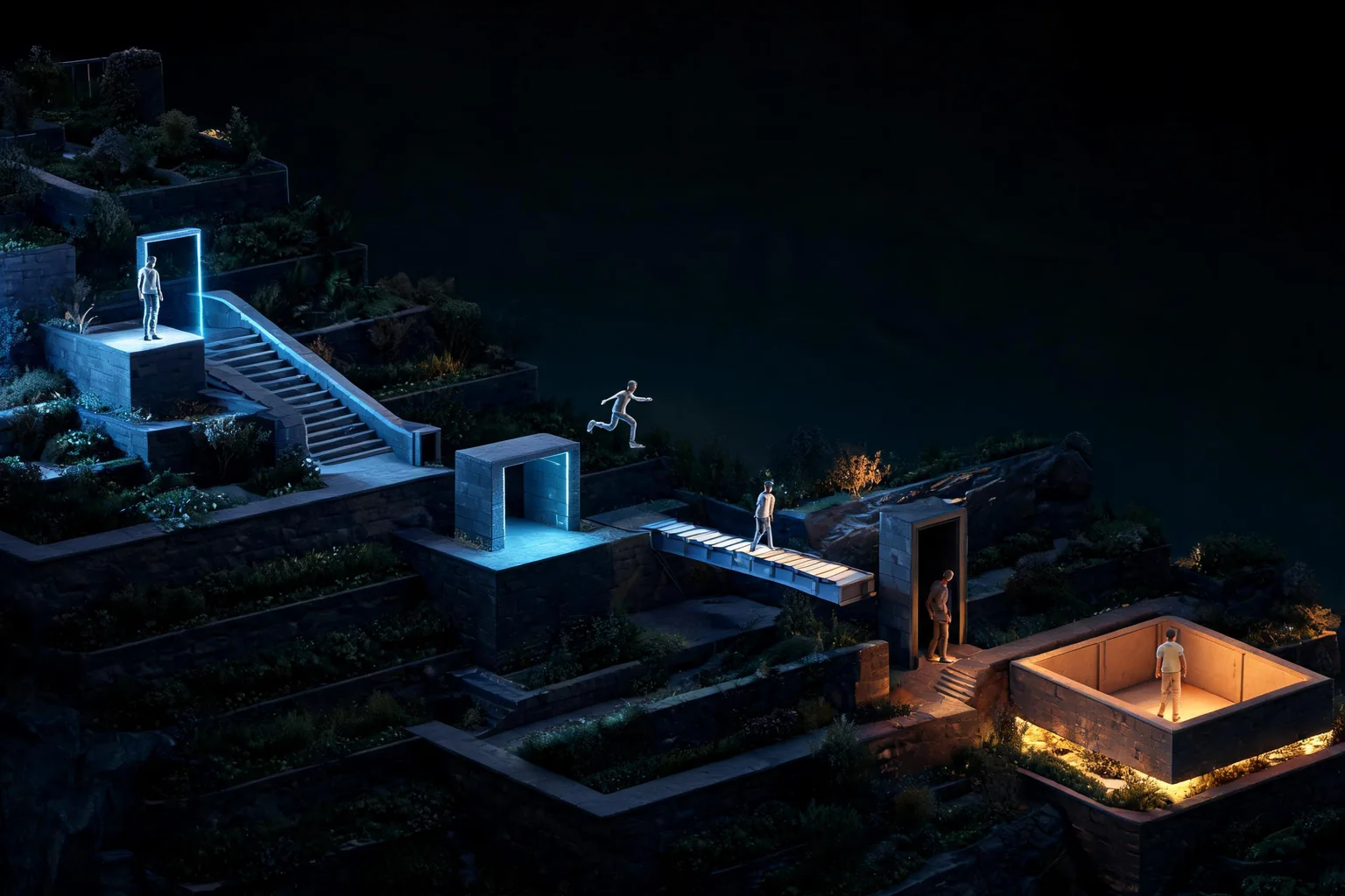 Unreal Third-Person Game Maker concept art showing an original hillside training garden with terraces, ramps, stairs, narrow doorway, moving bridge, jump gaps, and a safe recovery basin