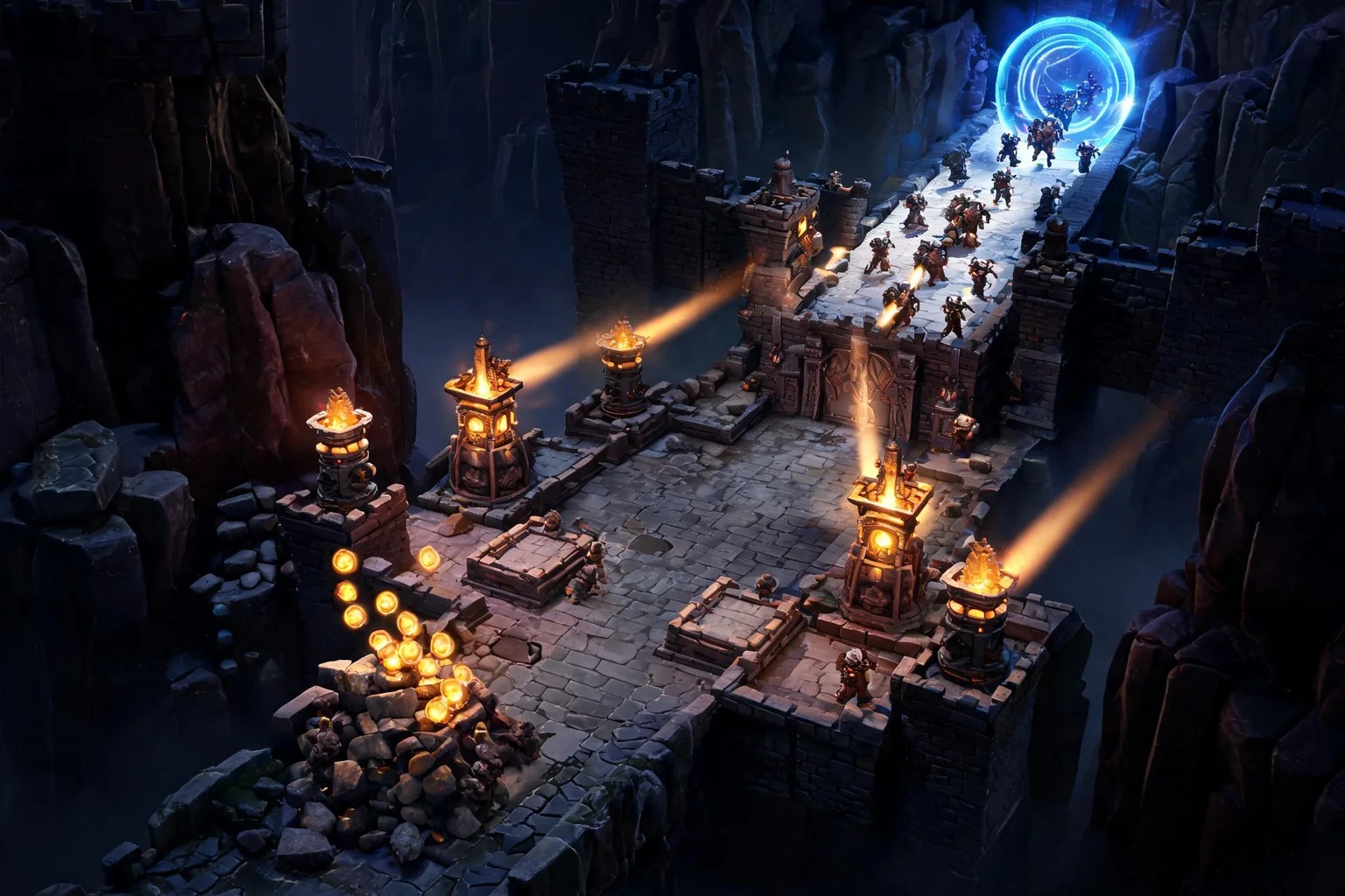 Unreal Tower Defense Game Maker concept art showing an original stylized canyon fortress with two converging lanes, elevated build pads, a central gate, and a distant enemy portal