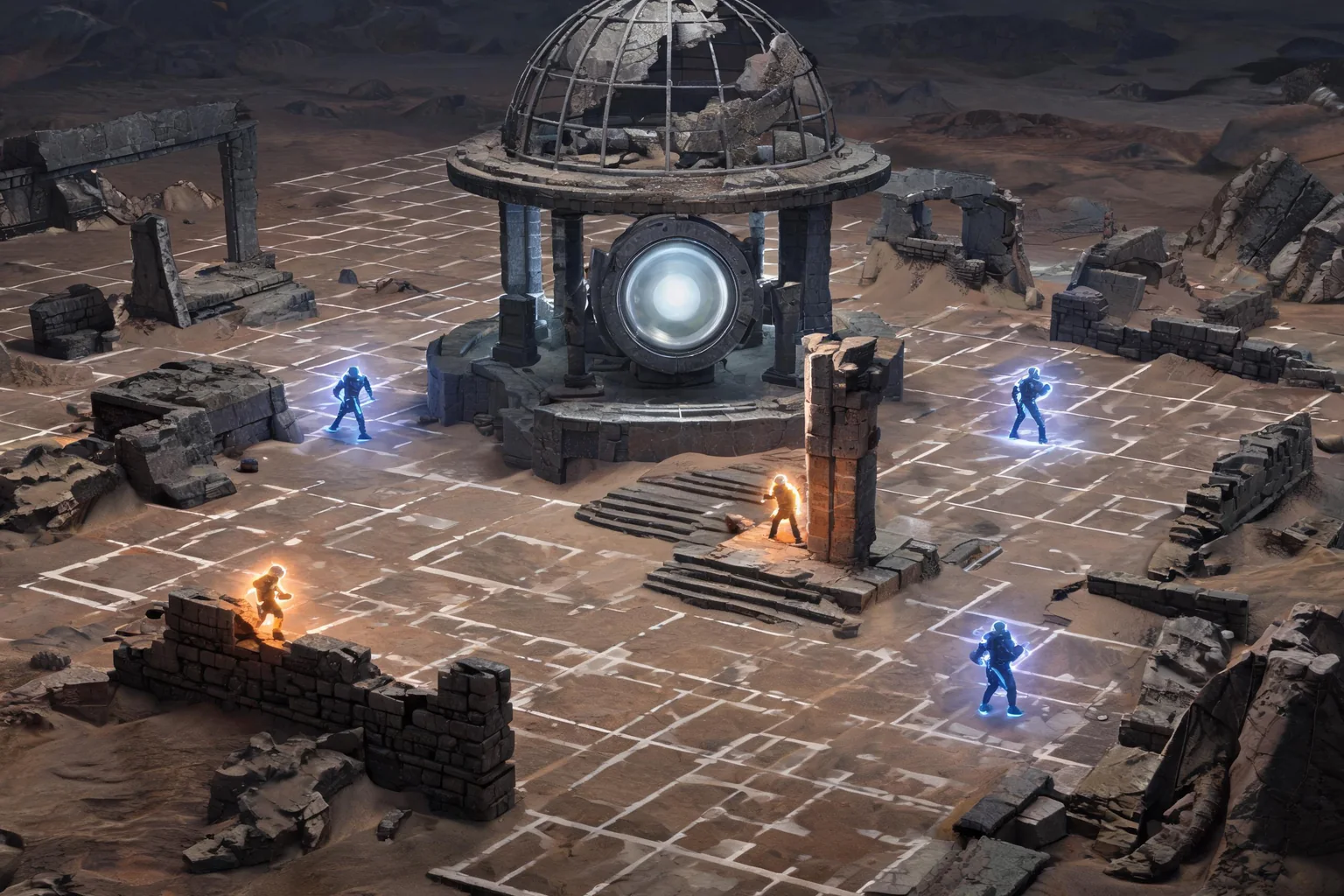 Unreal Turn-Based Game Maker concept art showing an original ruined desert observatory with a compact tactical grid, elevation, two cover types, three allied units, three enemies, and central objective lens