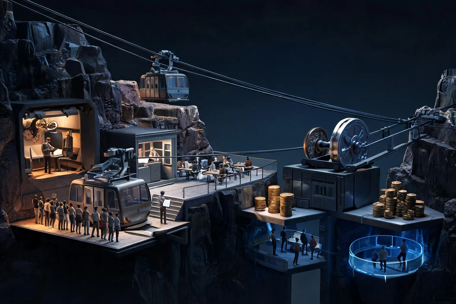 Unreal Tycoon and Management Game Maker concept art showing an original cliffside cable-car station with ticket hall, boarding queue, maintenance bay, overlook cafe, staff room, and visible arriving cabins