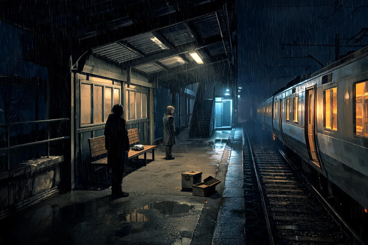 Unreal Visual Novel Game Maker concept art showing an original rain-lit night train station with sheltered platform, waiting room, two expressive original characters, arriving train, and alternate exit route