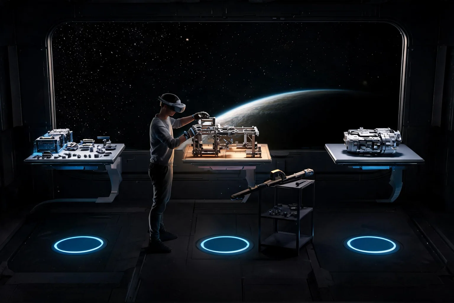 Unreal VR Game Maker concept art showing an original clean orbital maintenance workshop with three workstations, floating assembly frame, tool rack, clear teleport surfaces, and distant planet view