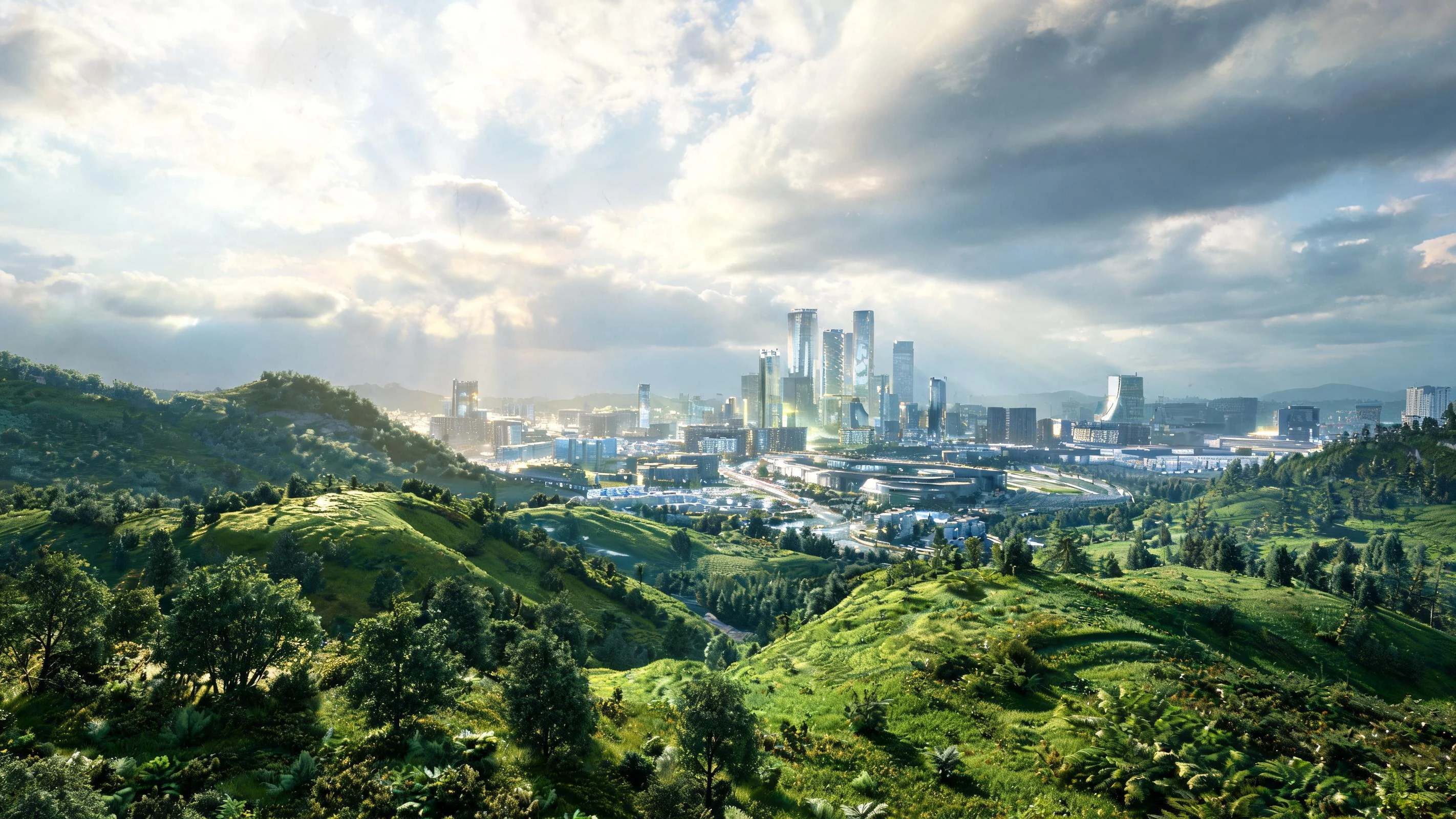 Terrain et végétation verts photoréalistes menant vers une ville moderne sous une météo spectaculaire, utilisés comme couverture de la visite d’exploration.