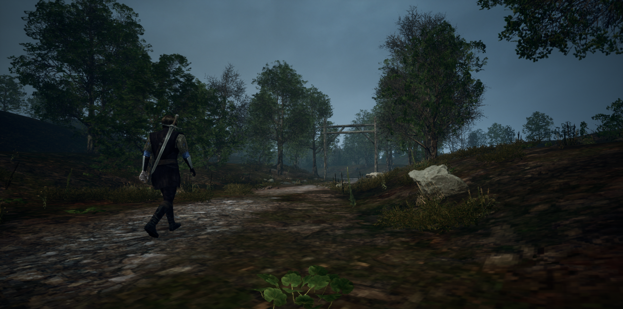 Capture publique divulguée d’exploration Unreal Engine 5 à la troisième personne : un personnage marche sur un sentier forestier vers un portail repère.