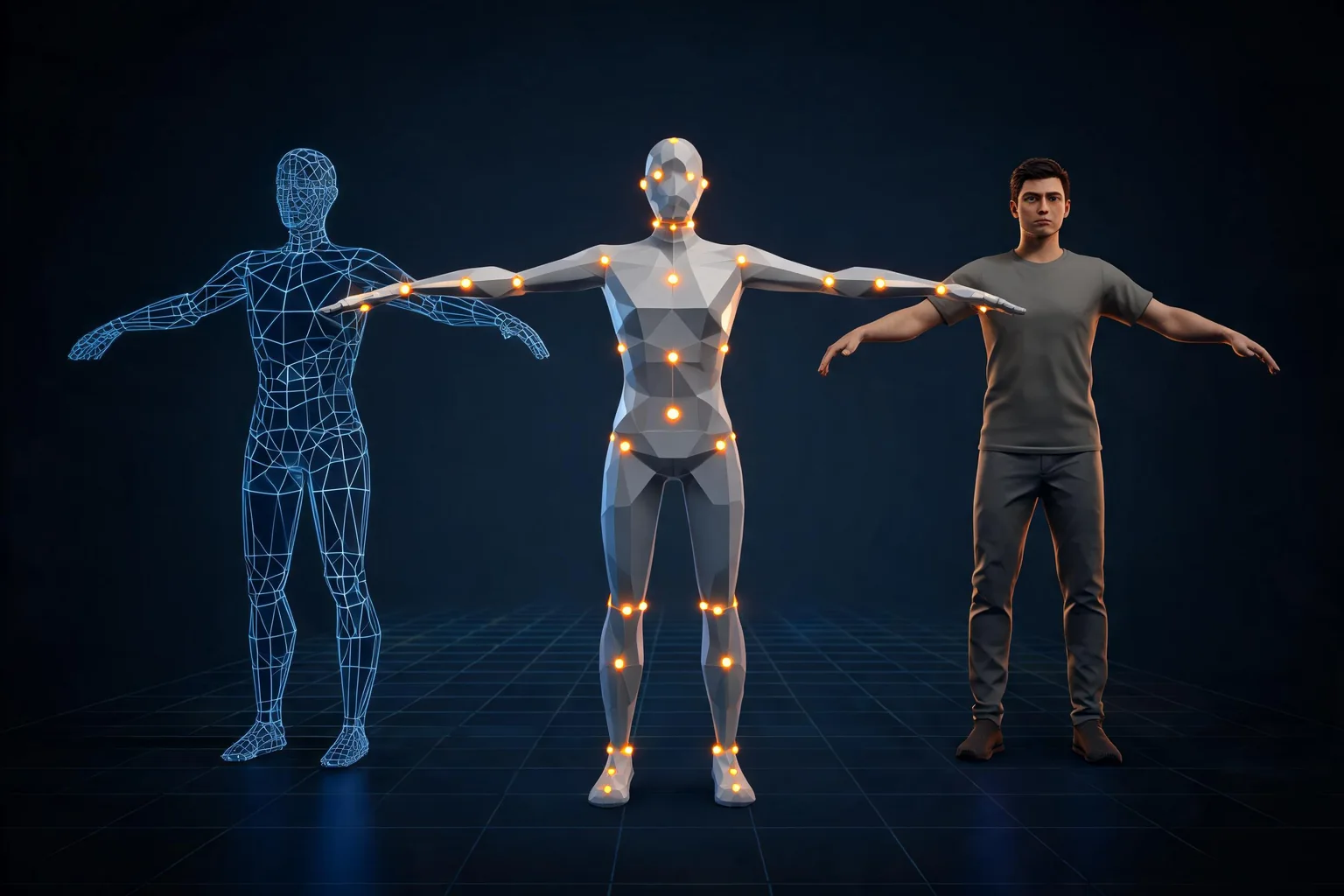Flujo de trabajo de personaje low-poly de tres etapas, desde malla wireframe hasta modelo riggeado y personaje final estilizado.