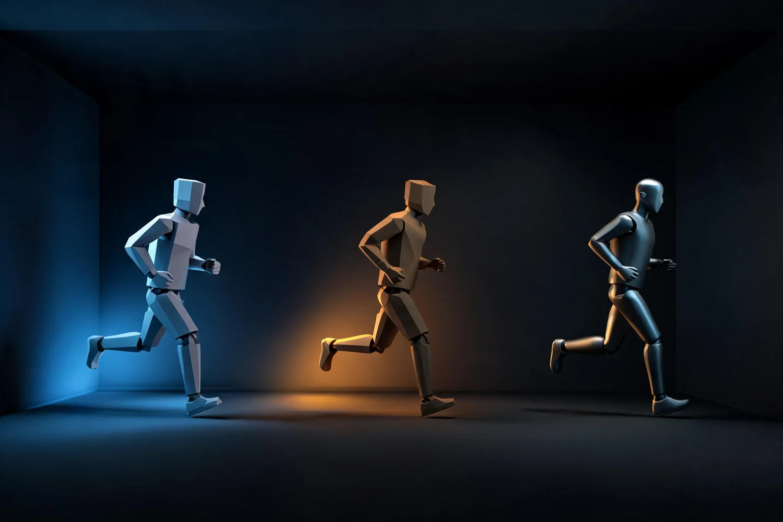 Tres personajes low-poly en ejecución con distinta complejidad geométrica para comparar LODs.
