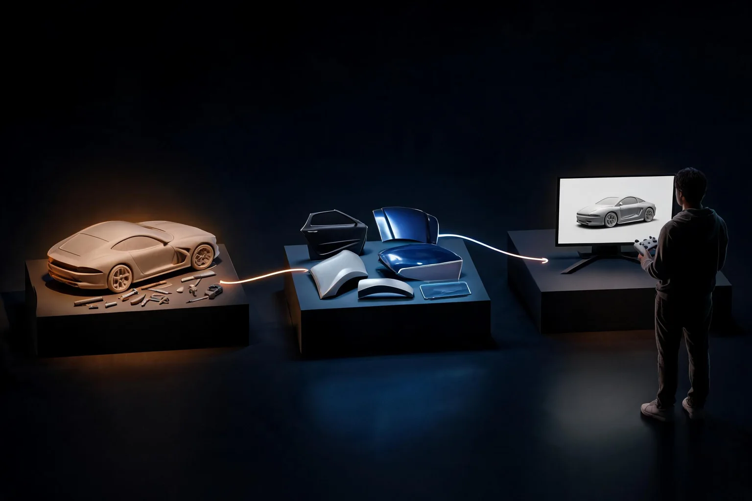 Unreal Engine Automotive Visualization Guide workflow diagram illustrating Explain preserve units, coordinates, materials, metadata, version, and ownership using CAD tessellation and materials and variants as the visible checkpoints.