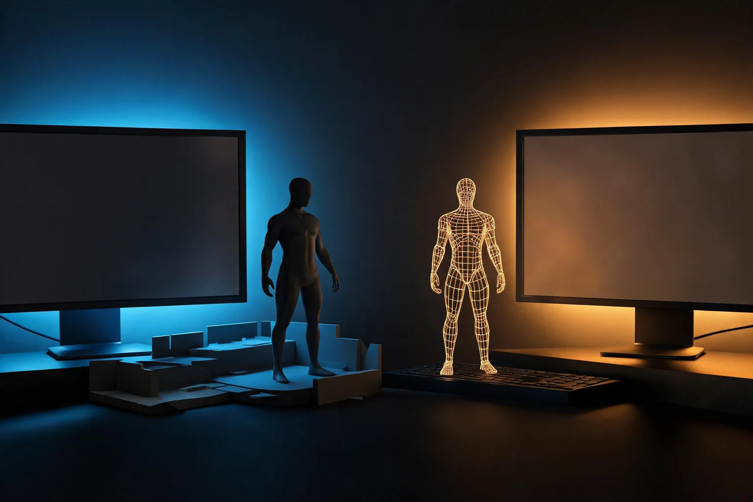Unreal Engine vs Blender: Roles, Workflows, and Handoffs editorial cover illustrating real-time engine versus DCC role, modeling and UV workflow, rendering differences, and round-trip asset ownership