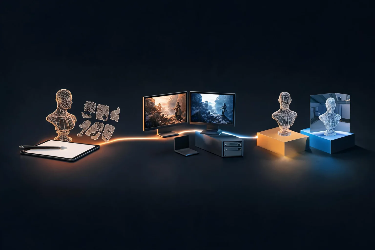 Unreal Engine vs Blender: Roles, Workflows, and Handoffs workflow diagram illustrating Explain contrast how scenes, assets, code, and iteration are owned using real-time engine versus DCC role and modeling and UV workflow as the visible checkpoints.