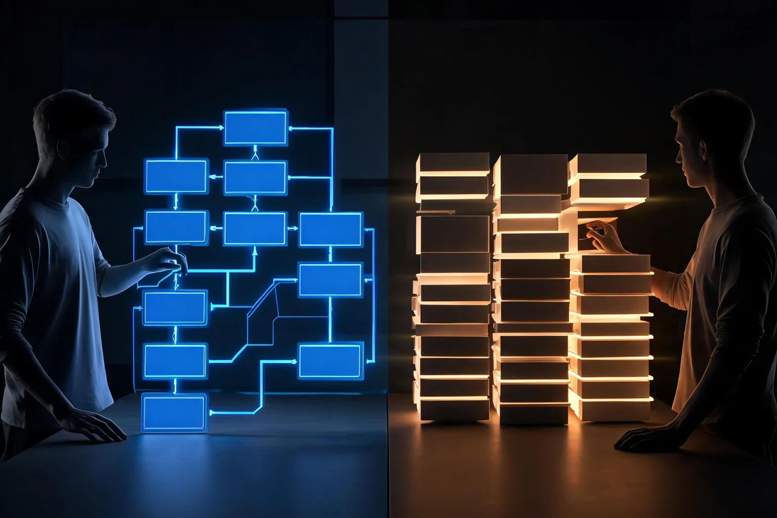 Unreal Engine Blueprint vs C++: When to Use Each editorial cover illustrating designer iteration, native performance and systems, API boundaries, and profiling before rewrite