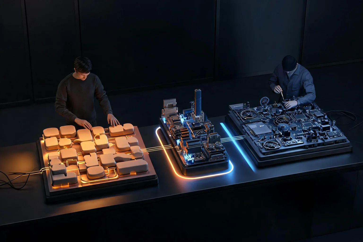 Unreal Engine Blueprint vs C++: When to Use Each workflow diagram illustrating Explain place behavior where designers and programmers can maintain it using designer iteration and native performance and systems as the visible checkpoints.
