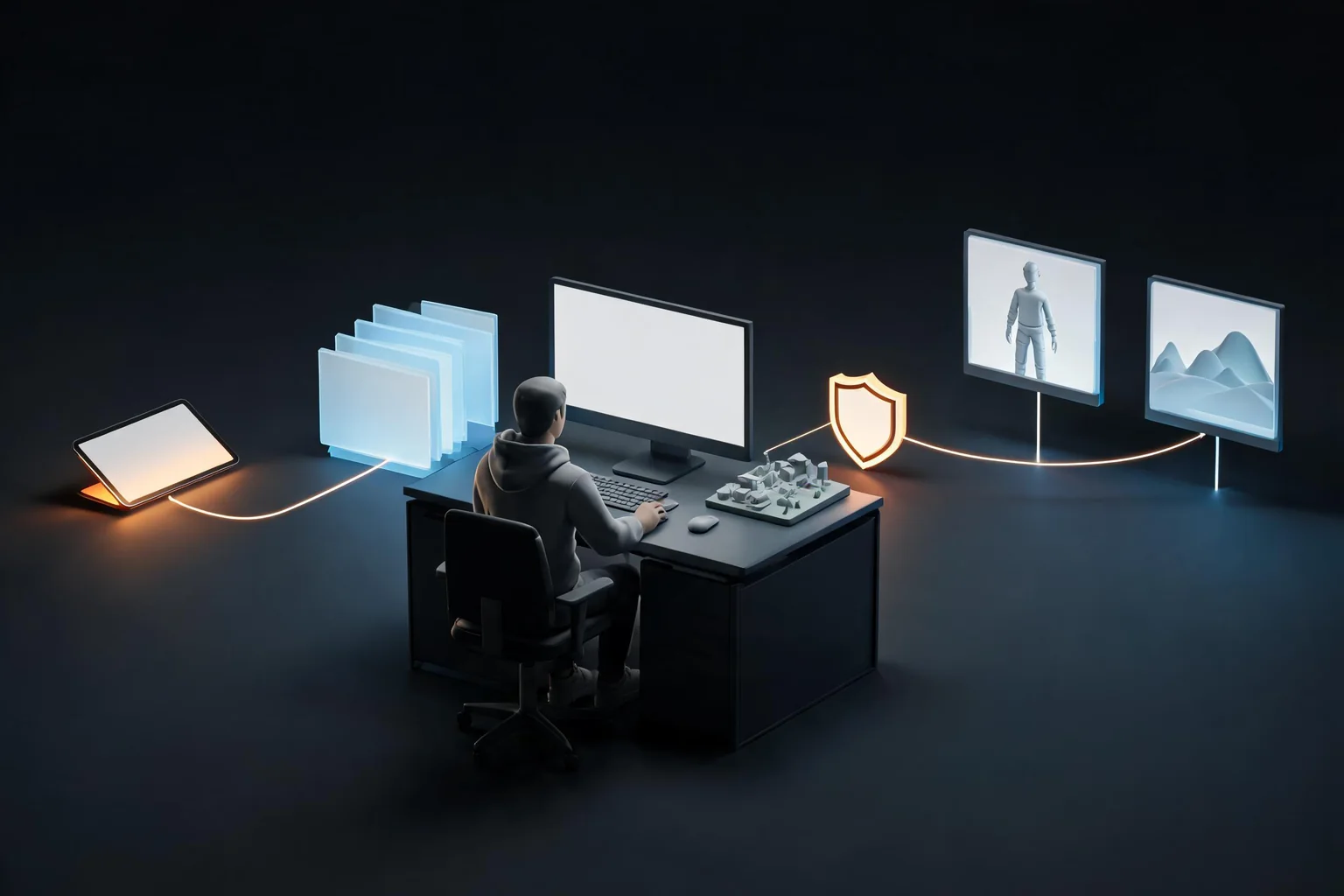 Unreal Engine Developer Career and Certification Roadmap editorial cover illustrating role specialization, Epic learning paths, portfolio evidence, and certification versus shipped work