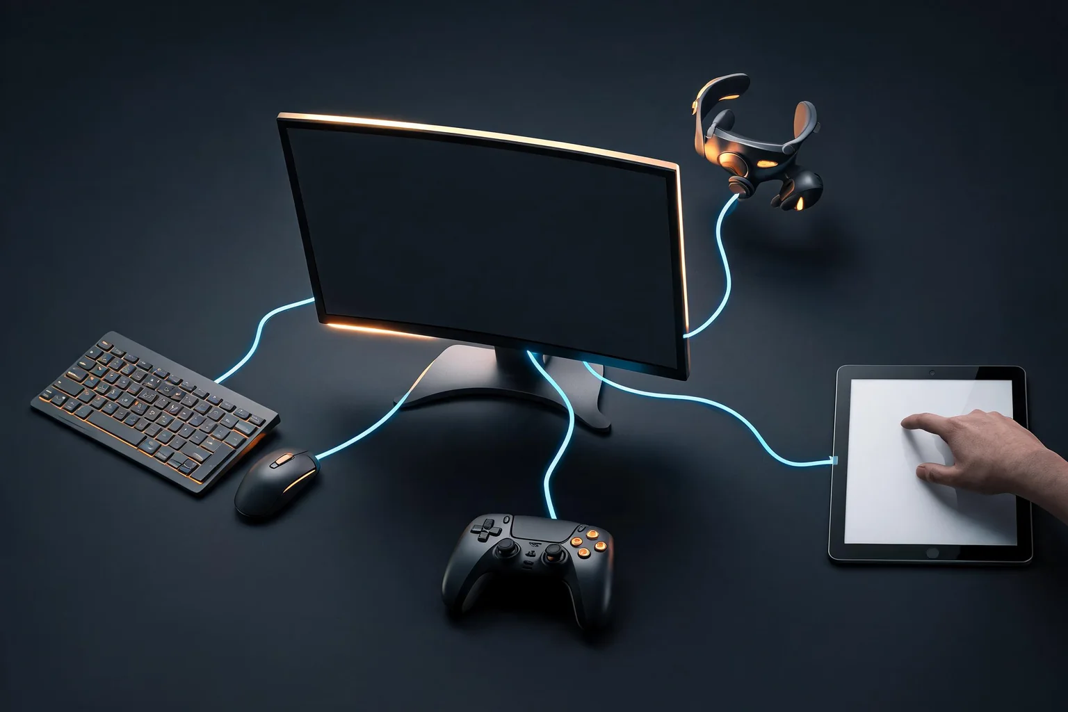 Unreal Engine Cross-Platform Input and UI Guide editorial cover illustrating shared action mapping and device state, Common UI focus and navigation, touch controller keyboard and mouse parity, and resolution localization and accessibility