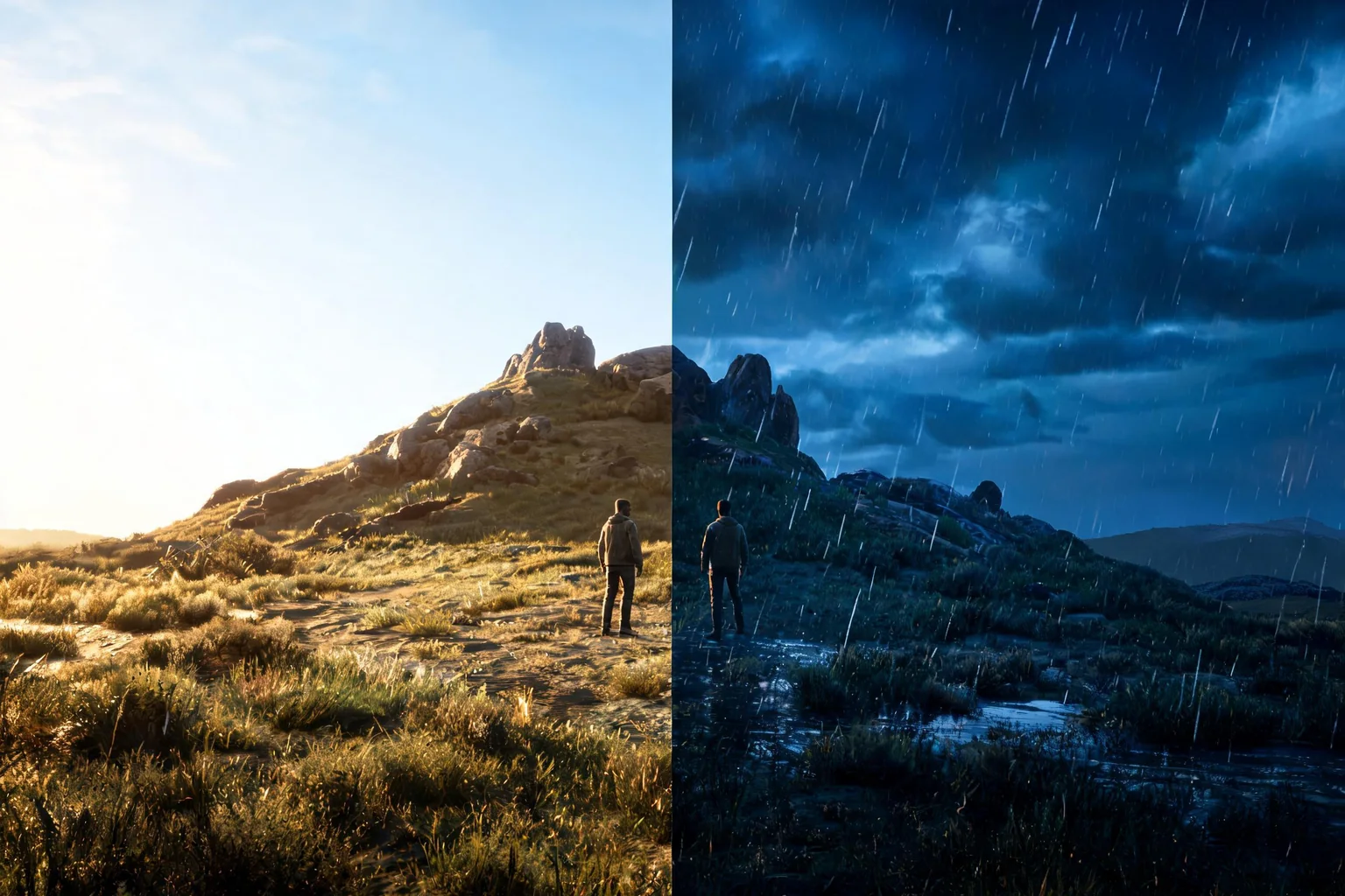 Unreal Engine Day-Night and Weather Gameplay Guide editorial cover illustrating time and weather state ownership, lighting material and audio transitions, AI gameplay and visibility effects, and save replication and platform budgets