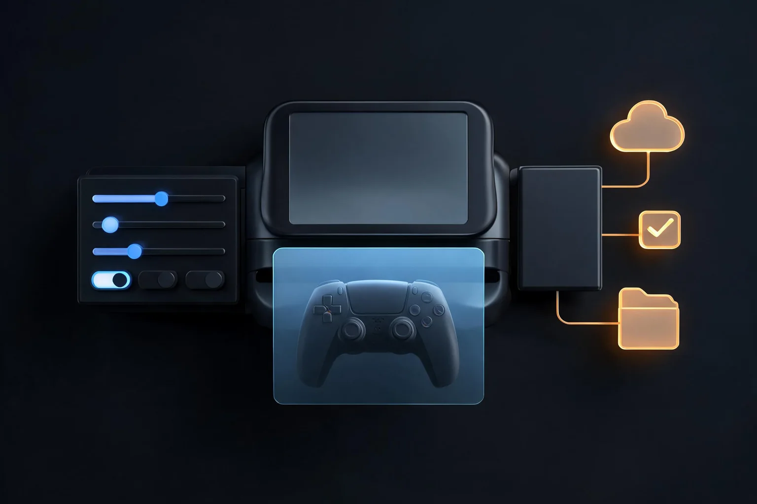 Epic Games Launcher Settings, Overlay, and Game Integration Guide editorial cover illustrating launcher setting and client version, overlay controller language and startup state, friends cloud-save and file-verification integration, and game-specific result versus Unreal project ownership