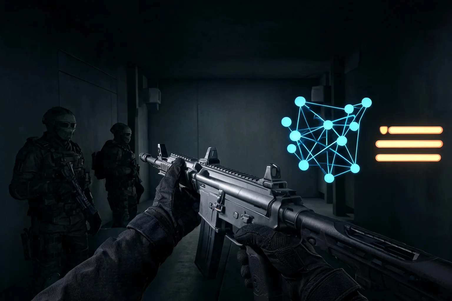 Unreal Engine FPS Game Development Guide editorial cover illustrating first-person camera and arms, weapon and hit logic, AI encounters, and input networking and frame budget