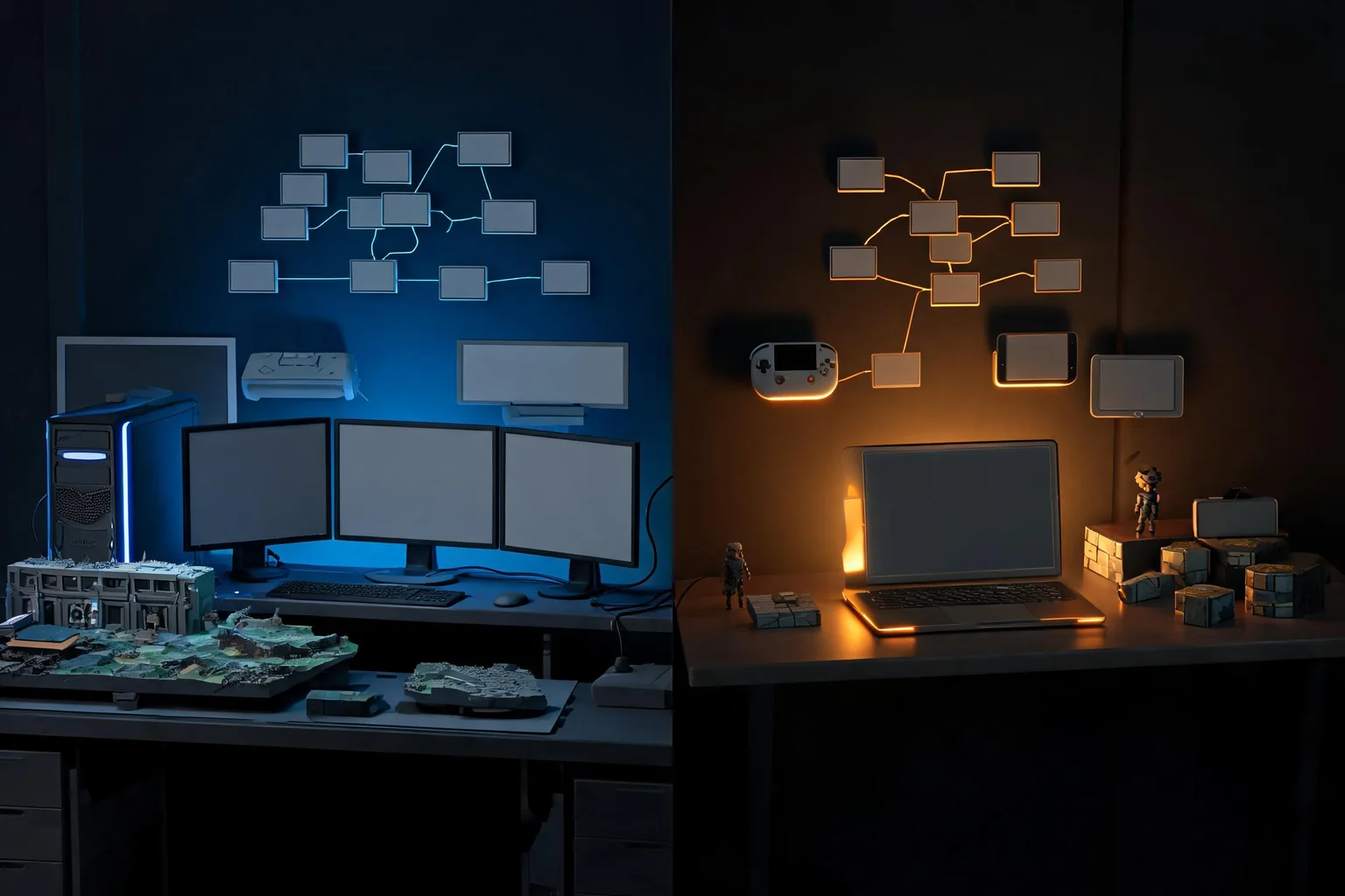 Unreal Engine vs Godot for Game Development editorial cover illustrating Unreal production scale versus Godot flexibility, C++ Blueprint versus GDScript C#, rendering and platforms, and licensing and team fit