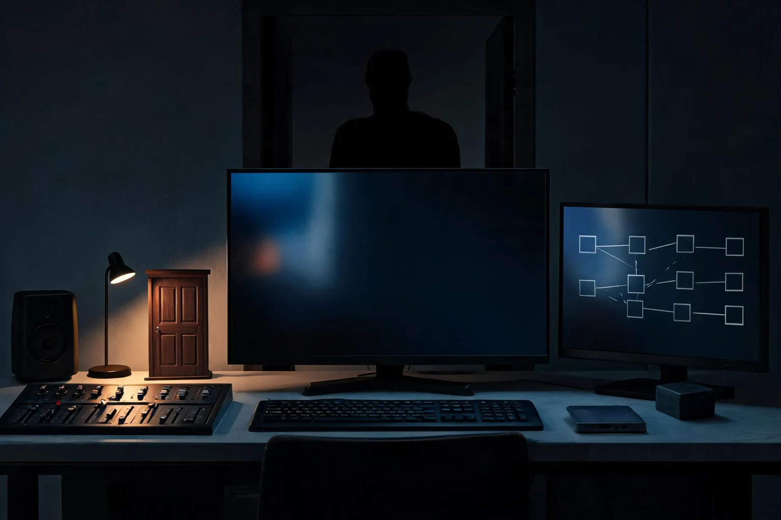 Unreal Engine Horror Game Development Guide editorial cover illustrating tension loop, lighting and audio readability, AI and pacing, and save fail and performance testing
