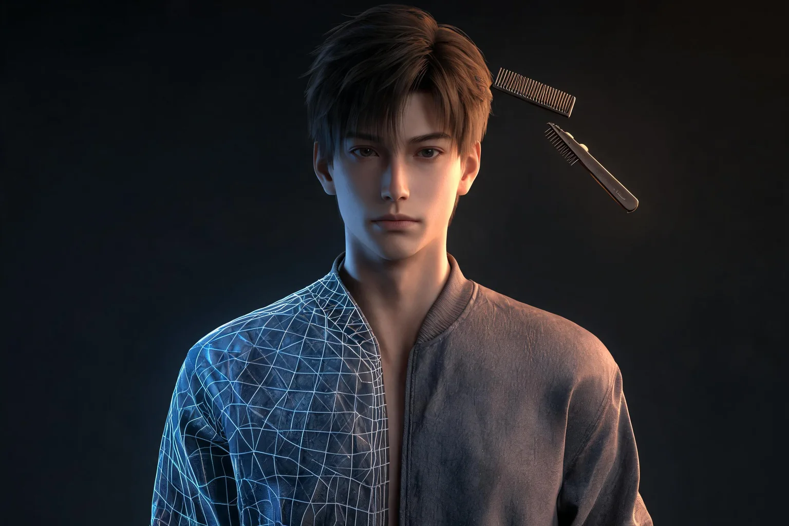 MetaHuman Clothing, Hair, and Groom Workflow editorial cover illustrating wardrobe mesh fit, cloth simulation, groom binding, and LODs and runtime budget