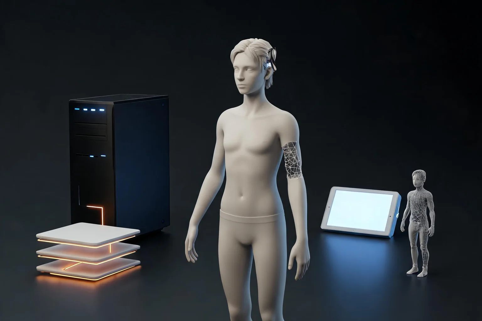 MetaHuman System Requirements and Troubleshooting editorial cover illustrating hardware and version requirements, asset download and assembly, groom and material failures, and logs and smallest failing character