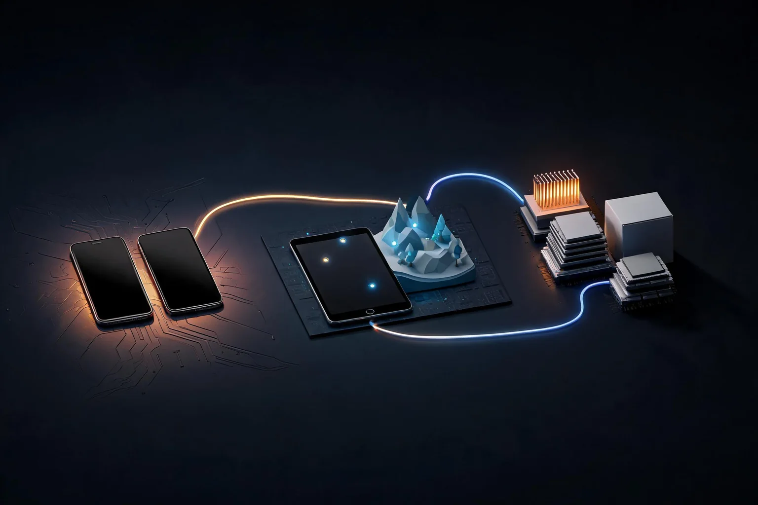 Unreal Engine Mobile Game Development for Android and iOS workflow diagram illustrating Explain control plugins, SDKs, toolchains, renderers, and permissions using Android and iOS toolchains and mobile renderer as the visible checkpoints.