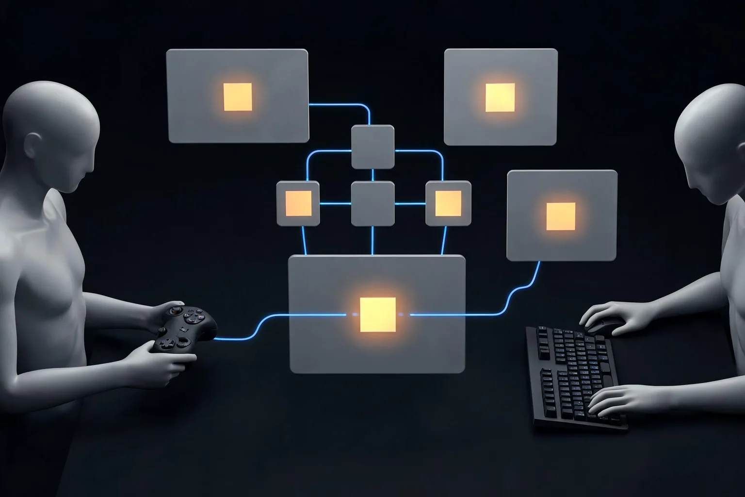 MONGIL: STAR DIVE: Unreal Engine Cross-Platform Party Input and UI Guide editorial cover illustrating input action abstraction, controller touch and keyboard parity, Common UI navigation state, and resolution localization and accessibility tests