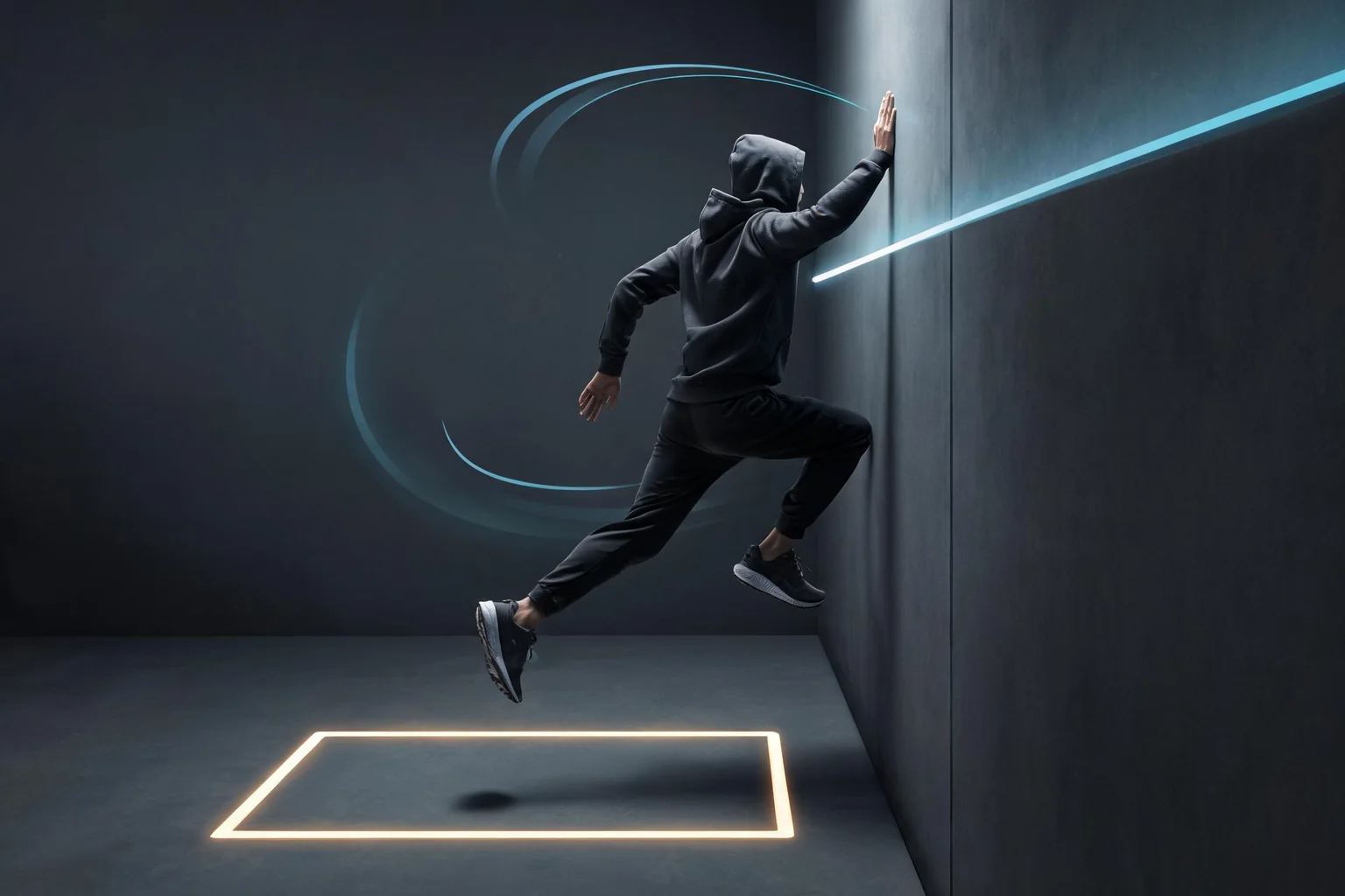 Unreal Engine Parkour Movement System Guide editorial cover illustrating movement state and surface tests, vault wall-run and landing transitions, motion warping camera and animation, and prediction correction and recovery