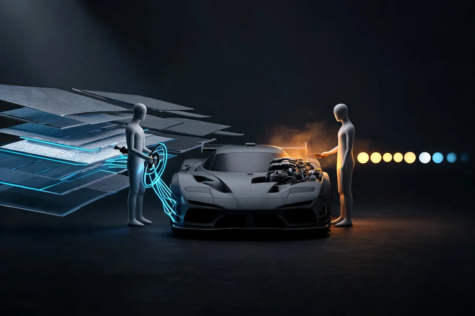 Racing Master: Unreal Engine Mobile Vehicle Physics and Thermal Budgets Guide editorial cover illustrating vehicle simulation update budget, touch steering and assists, LOD material and track density, and thermal frame pacing and fallback