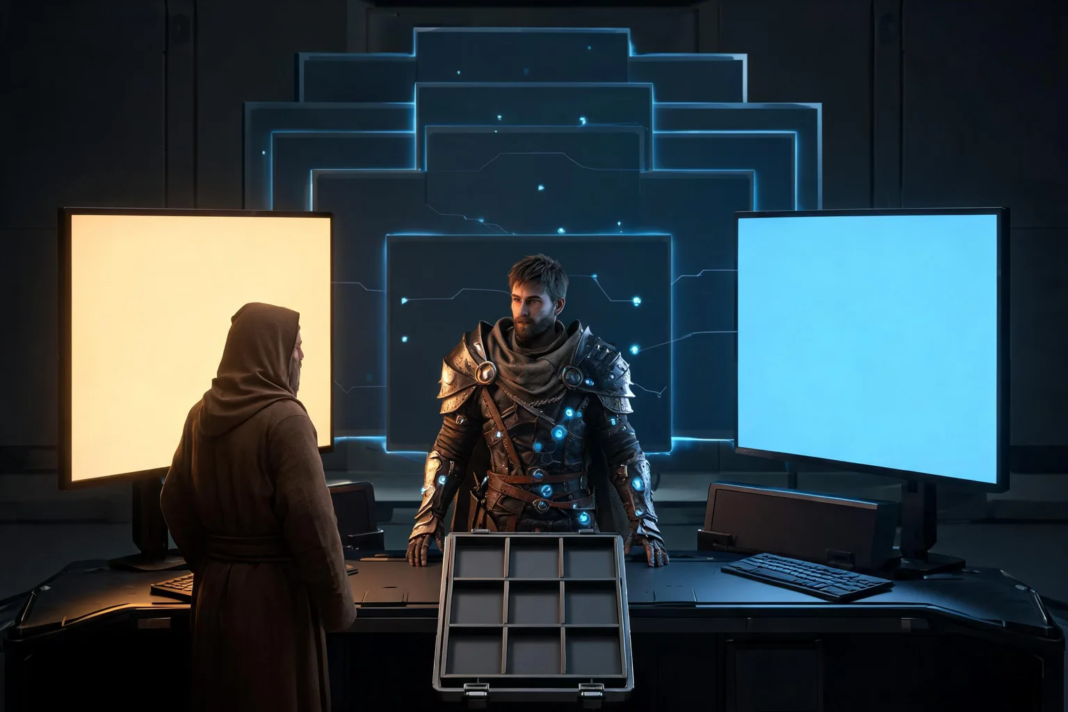 Unreal Engine RPG Game Development Guide editorial cover illustrating stats and abilities, quests and dialogue, inventory and persistence, and data-driven content scale