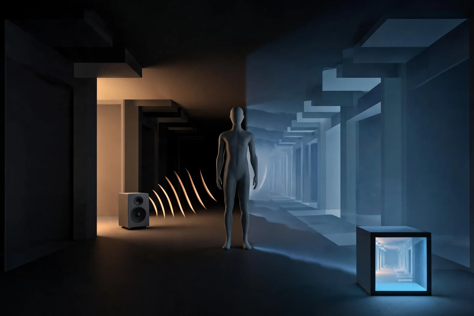 Scorn: Unreal Engine Horror Environment Streaming and Atmosphere Guide editorial cover illustrating streaming cell and visibility ownership, lighting and material continuity, audio and encounter pacing, and memory hitch and fallback captures
