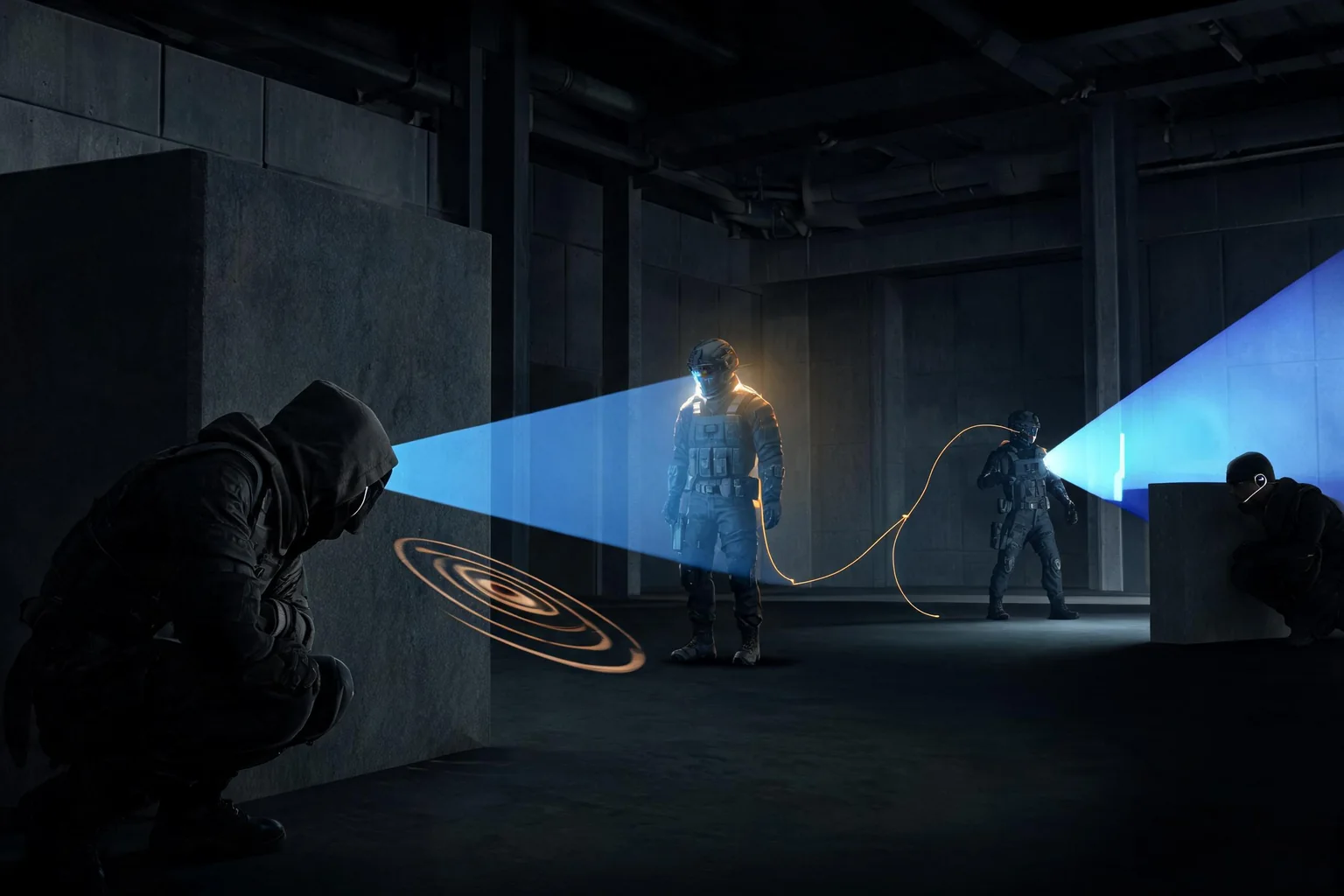Unreal Engine Stealth and AI Perception Guide editorial cover illustrating sight hearing and damage stimuli, suspicion alert and search states, cover visibility and team communication, and debug views fairness and AI cost