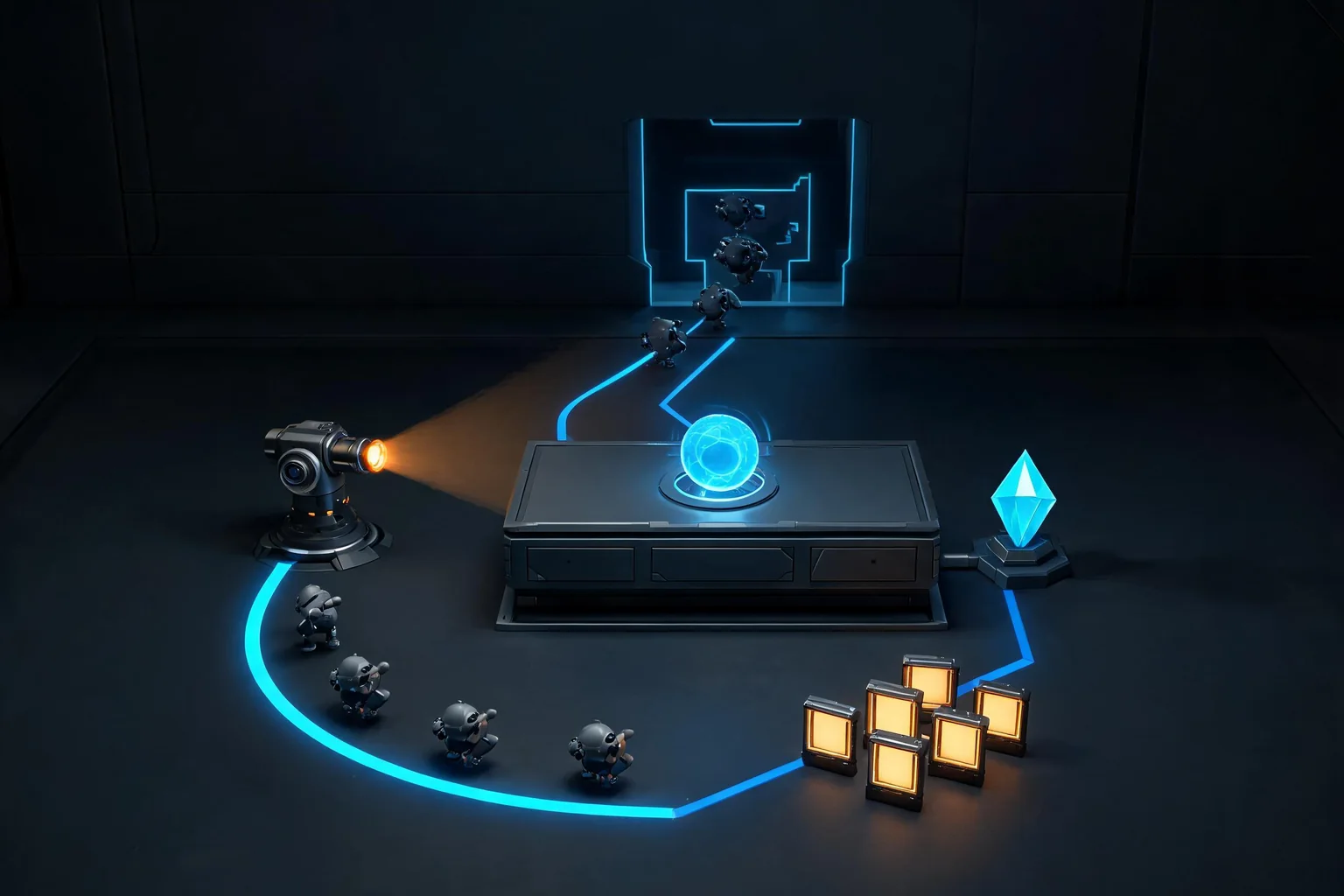 Unreal Engine Tower Defense Wave System Guide editorial cover illustrating wave definitions and spawn authority, pathfinding targeting and damage, economy upgrades and save state, and enemy density and worst-case profiling